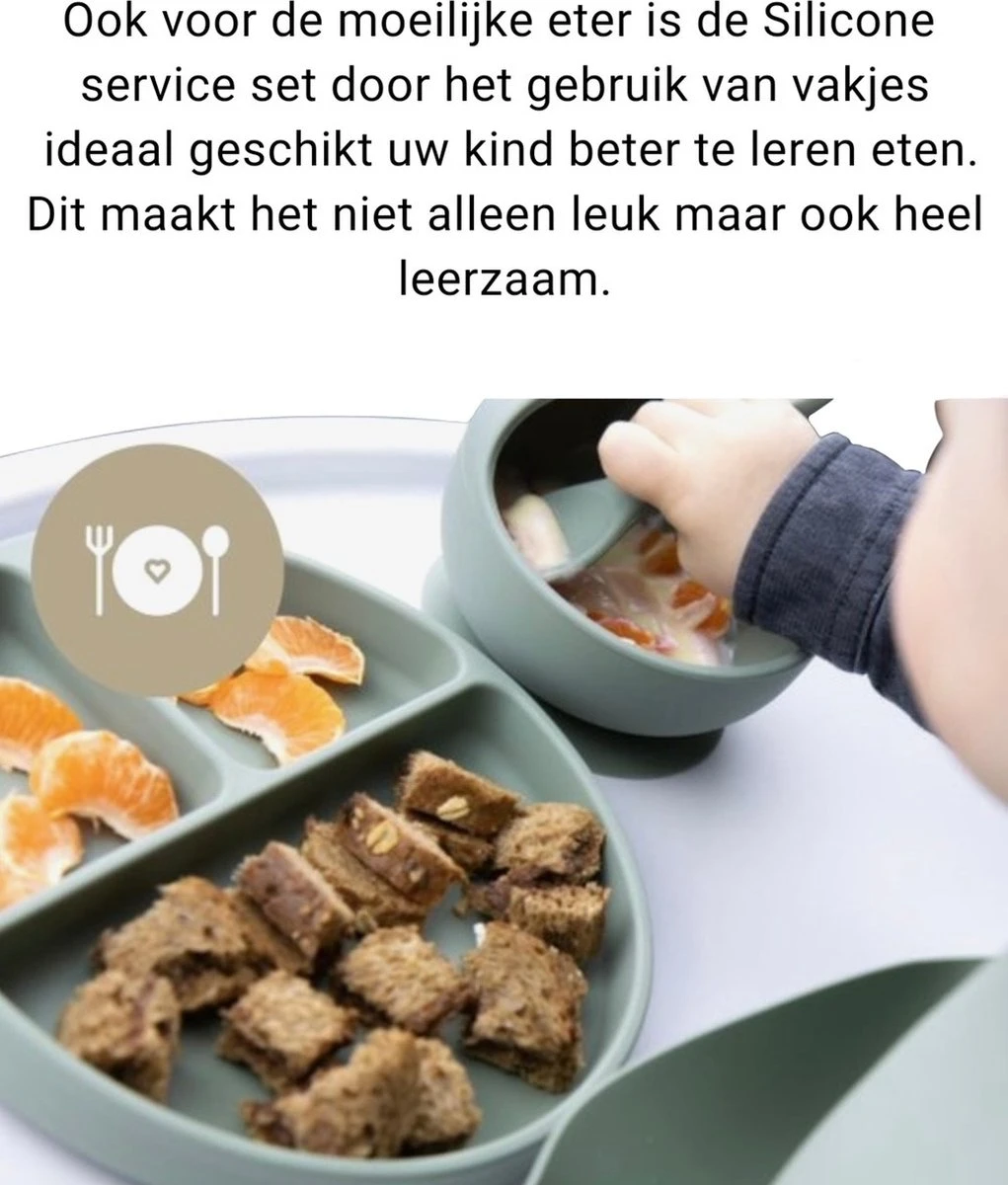 Baby-V® 4 delig Siliconen Kinderservies set met zuignap - Kinderbord met vakjes - Vaatwasserbestendig - Siliconen servies baby met Zuignap - Kinderserviesset - Groen