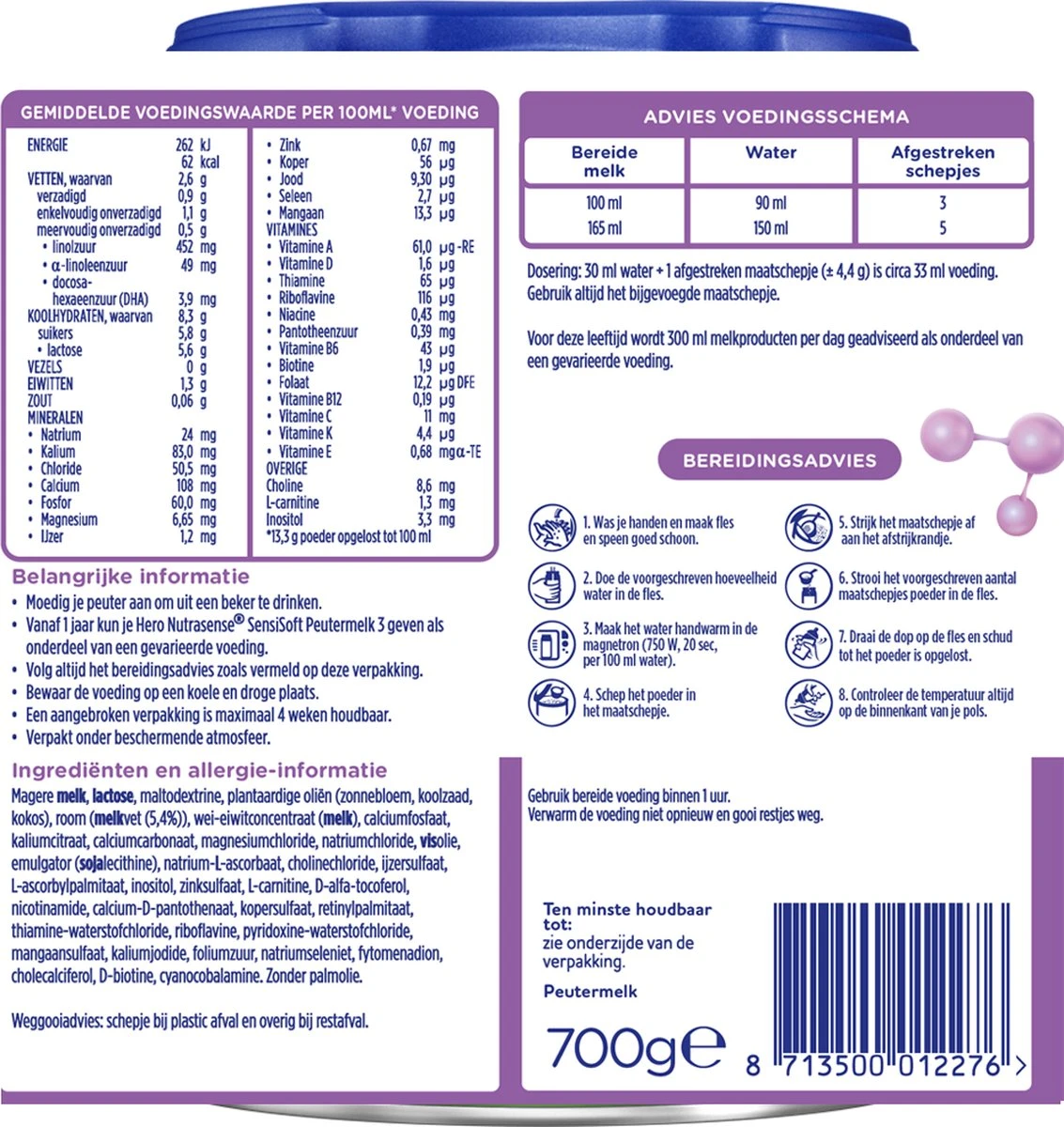 Hero Nutrasense SensiSoft Peutermelk 3 - Flesvoeding vanaf 1 jaar - 3 x 700 gram - met Melkvet - Palmolie Vrij