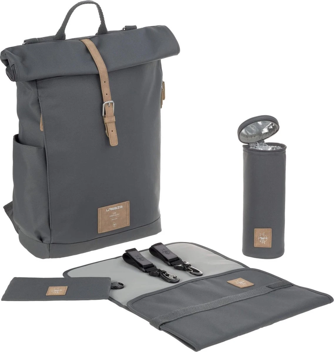 LÄSSIG Luiertas Rolltop Backpack rugzak incl verschoningsmatje antraciet