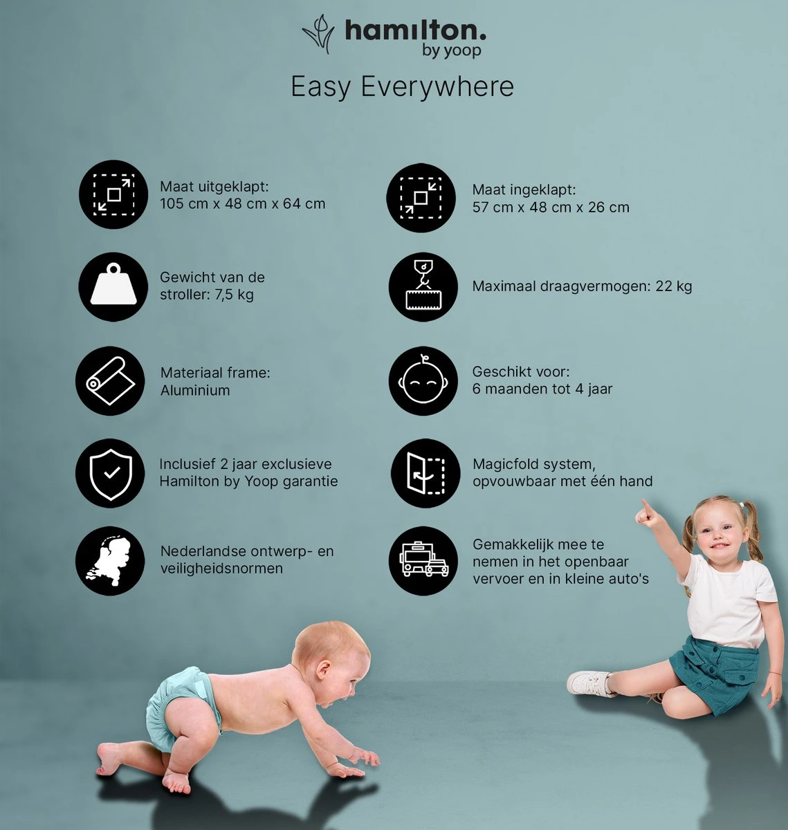 Hamilton by Yoop X1 Plus Buggy – Nieuw, Hoger, Uitgebreider 2023 Model – Premium Stroller met One Hand Folding Technologie – Zwart – Lichte, Verstelbare en Wendbare Kinderwagen met vele Gemakken