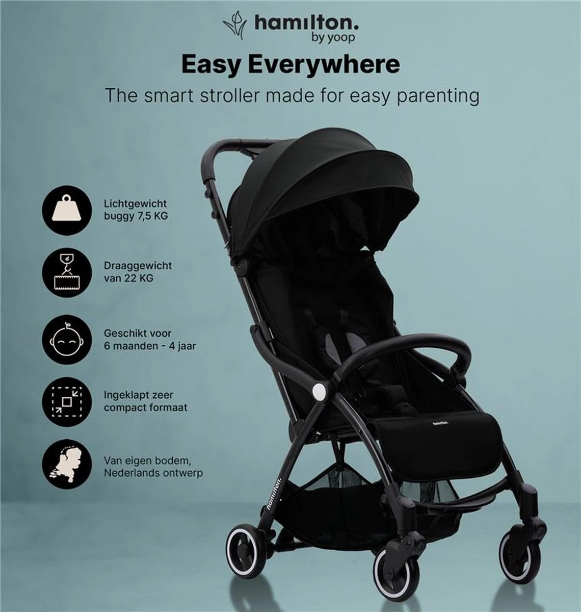Hamilton by Yoop X1 Plus Buggy – Nieuw, Hoger, Uitgebreider 2023 Model – Premium Stroller met One Hand Folding Technologie – Zwart – Lichte, Verstelbare en Wendbare Kinderwagen met vele Gemakken
