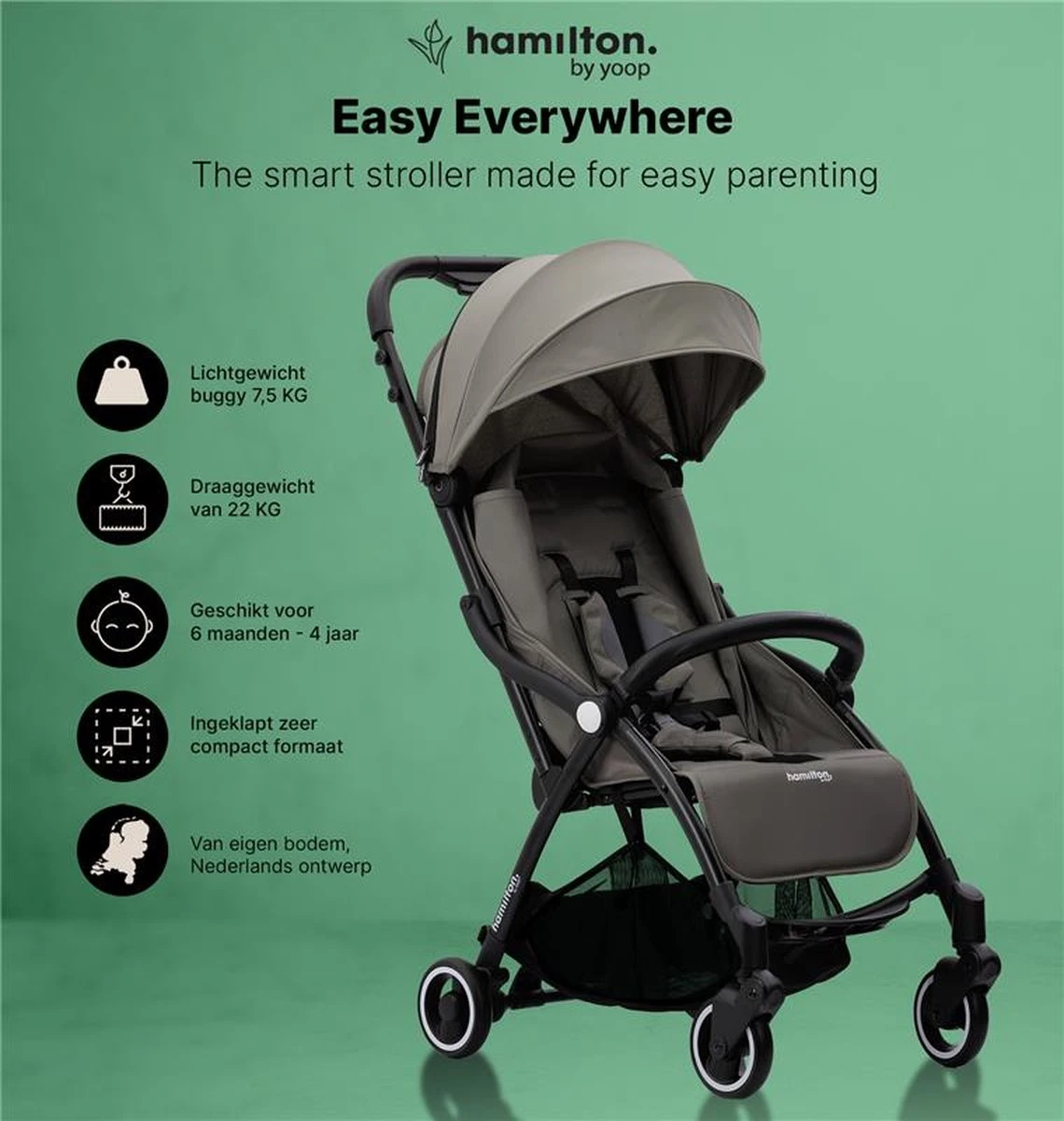 Hamilton by Yoop X1 Plus Buggy – Nieuw, Hoger, Uitgebreider 2023 Model – Premium Stroller met One Hand Folding Technologie – Grijs – Lichte, Verstelbare en Wendbare Kinderwagen met vele Gemakken