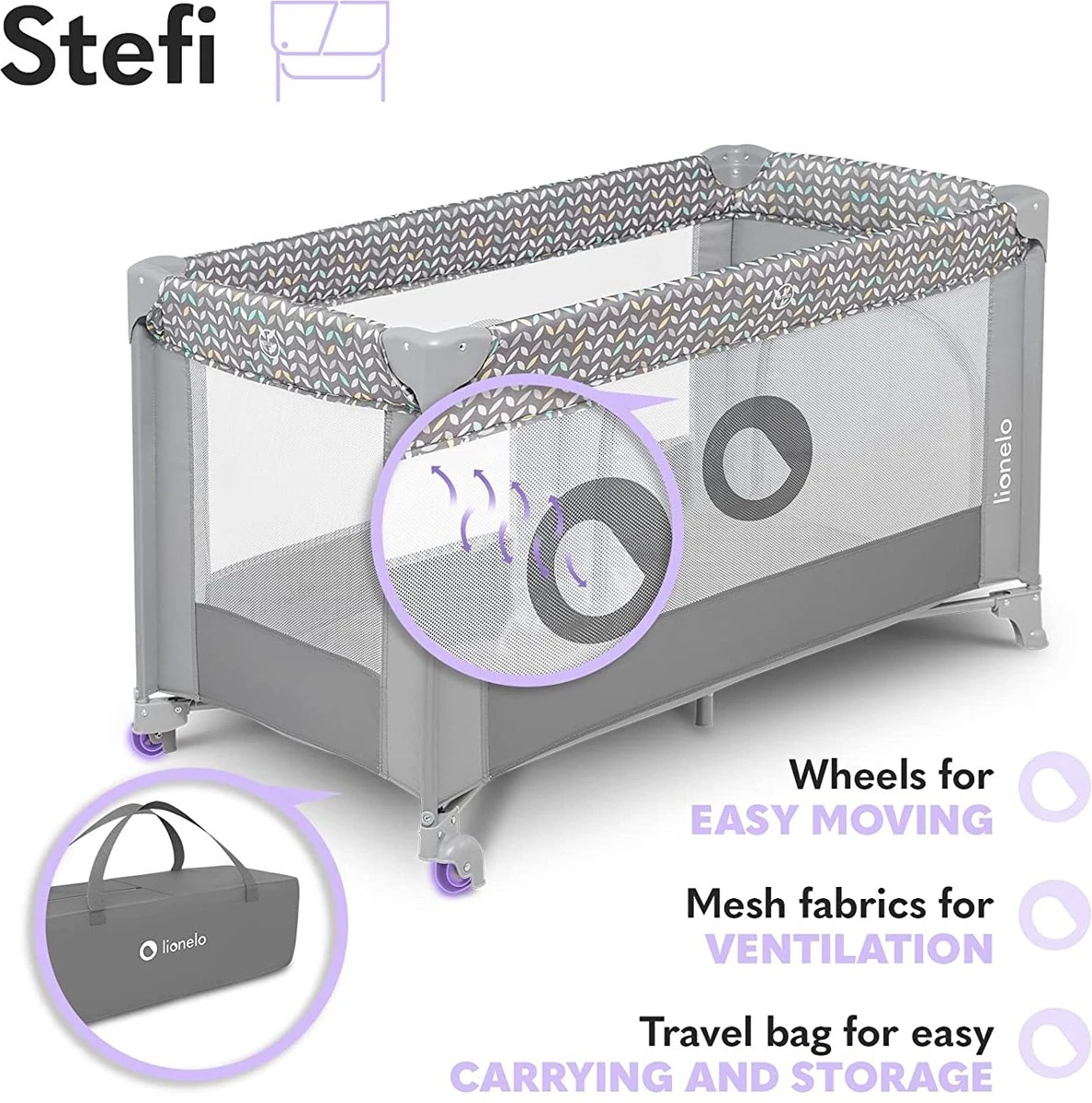 Lionelo Stefi - Campingbedje - 125x65cm - tot 15kg - Transporttas