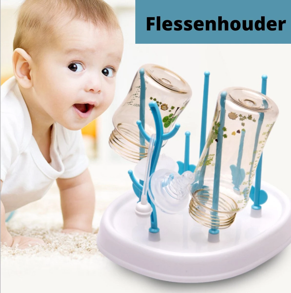 Babyfles Droogrek - Flessen droogrek - Afdruiprek met lekbak - Afwasrek - Baby Flesjes Droogrek - Flessenrek - Kraamcadeau - Baby cadeau - Blauw
