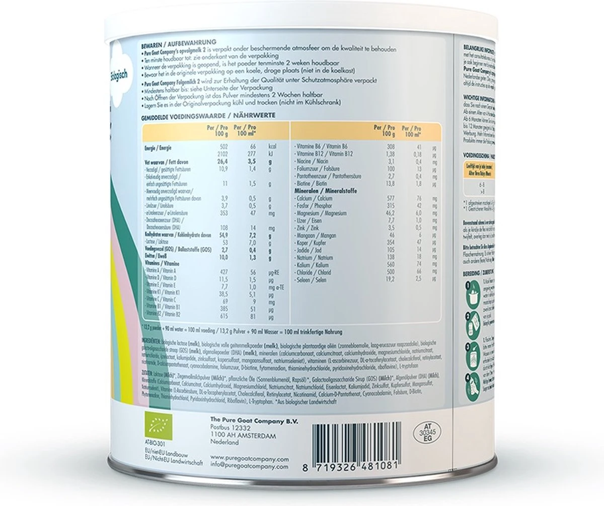 Pure Goat Company - Opvolgmelk 2 - Biologische flesvoeding op basis van volle geitenmelk - 800 gram