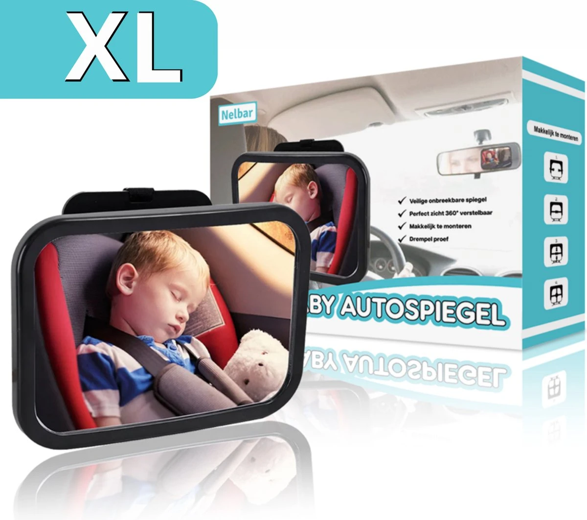 Nelbar Autospiegel Baby Verstelbaar – Achteruitkijkspiegel – Drempelproef – Baby spiegel auto Achterbank – Achteruitkijk spiegel – 360 graden verstelbaar – XL formaat