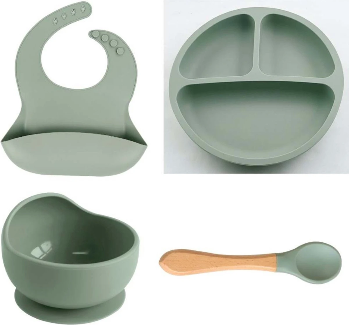 Baby-V® 4 delig Siliconen Kinderservies set met zuignap - Kinderbord met vakjes - Vaatwasserbestendig - Siliconen servies baby met Zuignap - Kinderserviesset - Groen