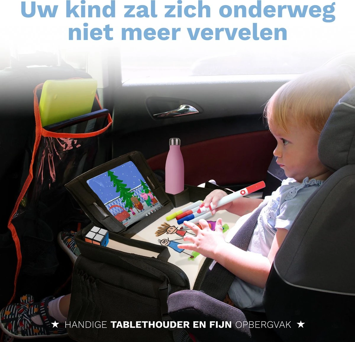 Blyzi - Reistafel auto met tablethouder – Opvouwbaar – Speeltafel voor onderweg – Auto Organizer – Tekentafel - Zwart