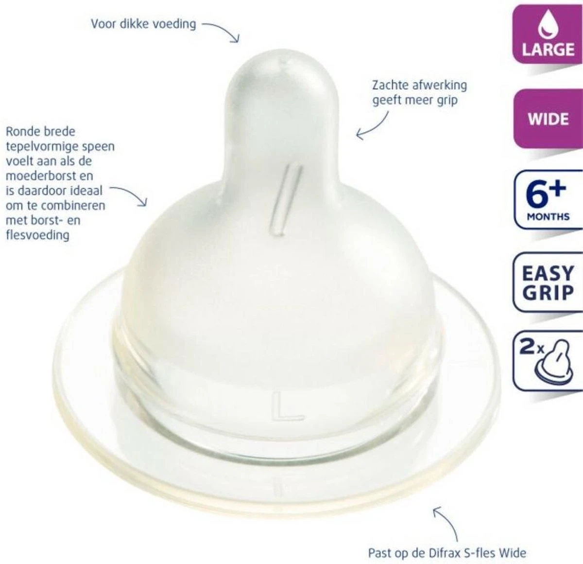 Difrax Flessenspeen Wide voor brede babyflessen - Maat Large - 2 stuks