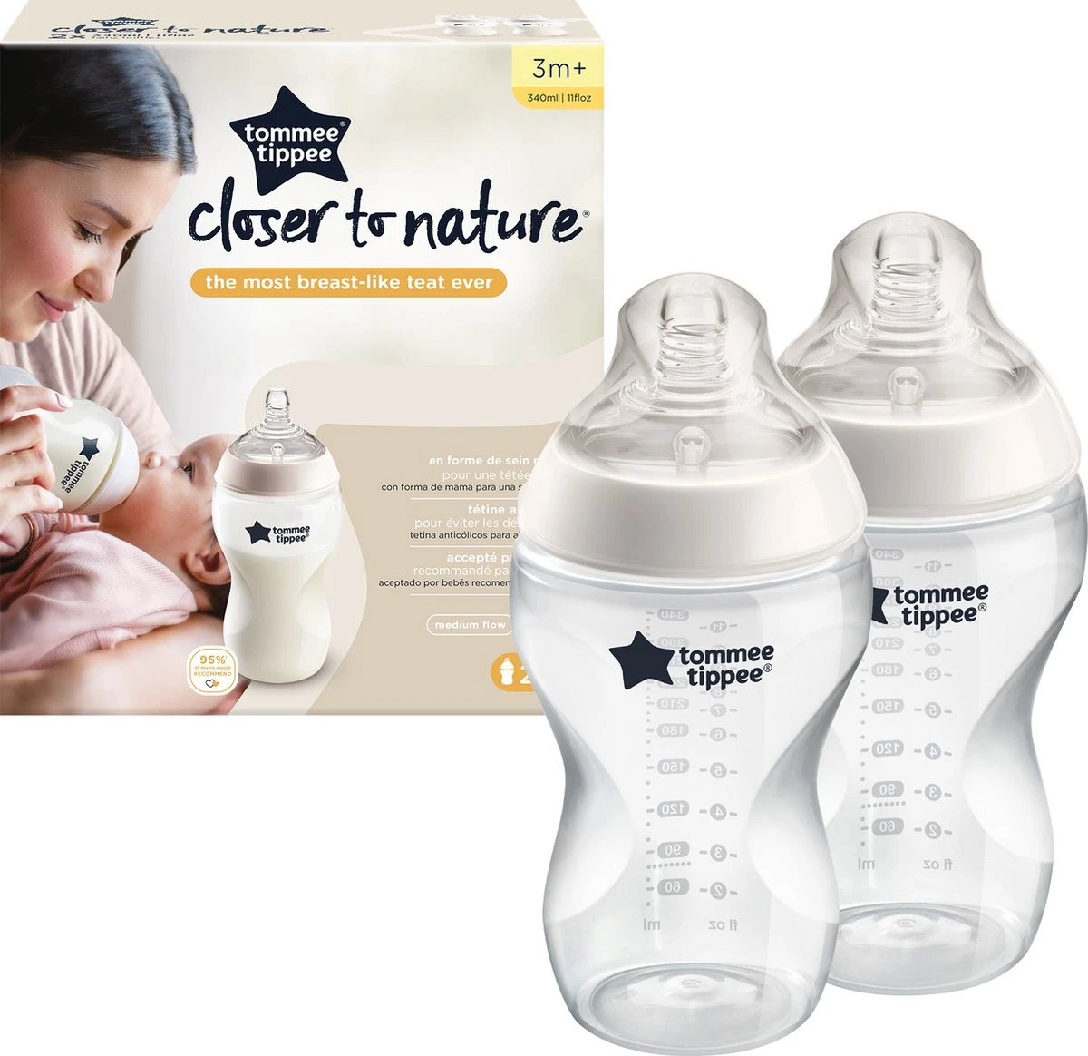 Tommee Tippee Closer to Nature - Baby Zuigflessen - doorzichtig - 340ml - Pak van 2