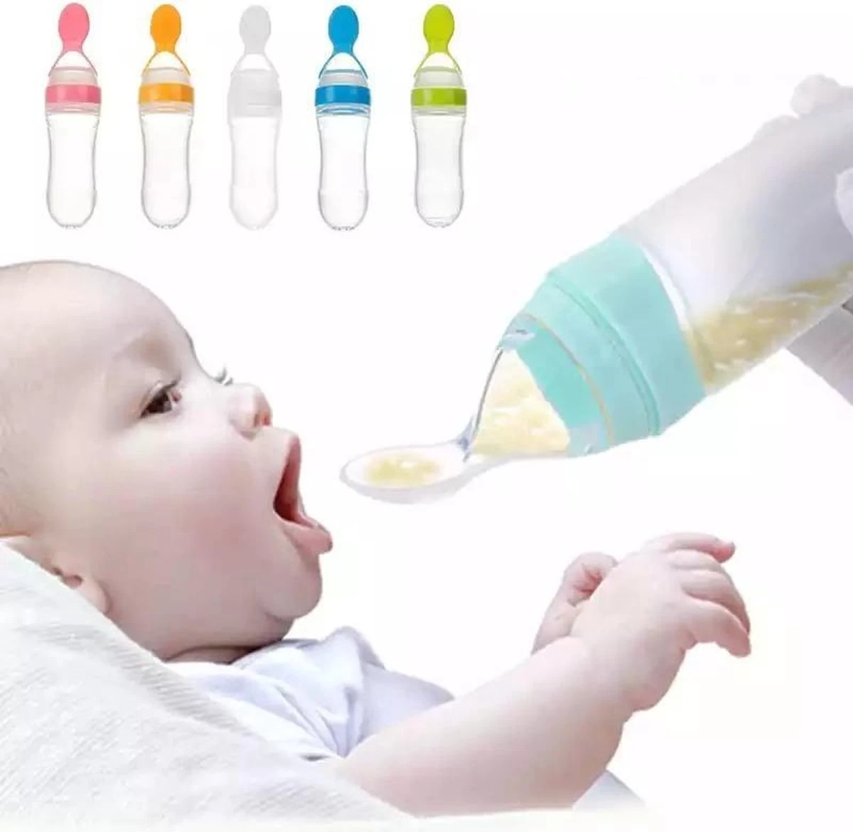 Baby Knijpfles met Lepel voor Babyhapjes - Lepelfles Baby - groen - Siliconen - BPA Vrij - 90 ml