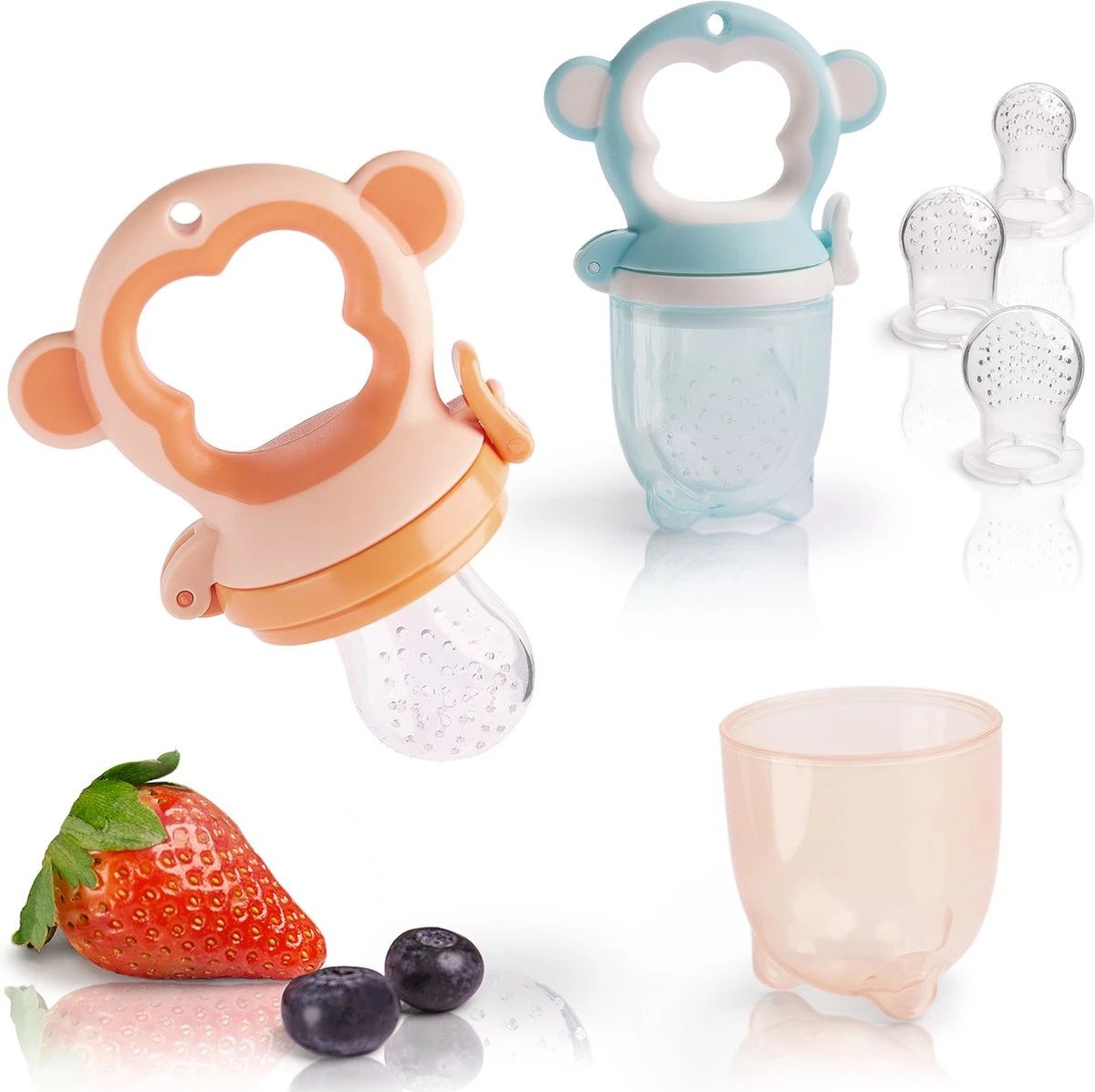 2 Fruitspenen Aap voor Baby & Peuter + 6 Siliconen spenen in 3 maten - Veilig + BPA Vrij -2 Fruitspenen - Fopspeen Fruit Net Fruit Speen Baby Speen Fruit Groente Pap Babyvoeding