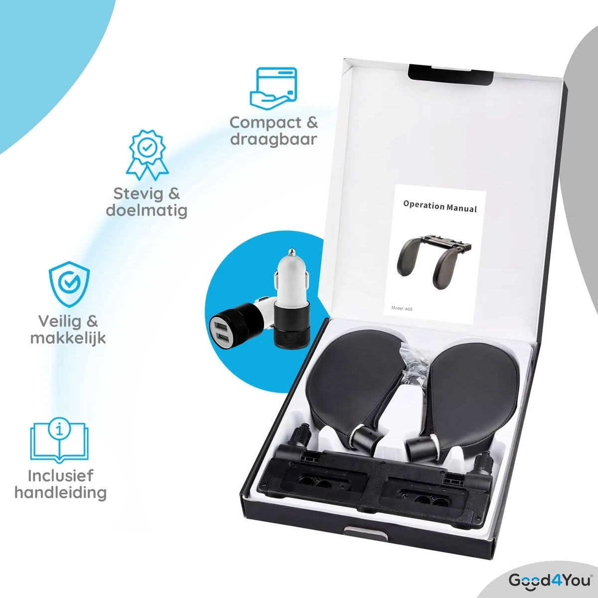 Good4You Hoofdsteun Auto - Nekkussen Auto - Hoofdsteun Auto Kinderen - Autokussen - Neksteun Auto - Volwassenen en kinderen - Verstelbaar - Zwart