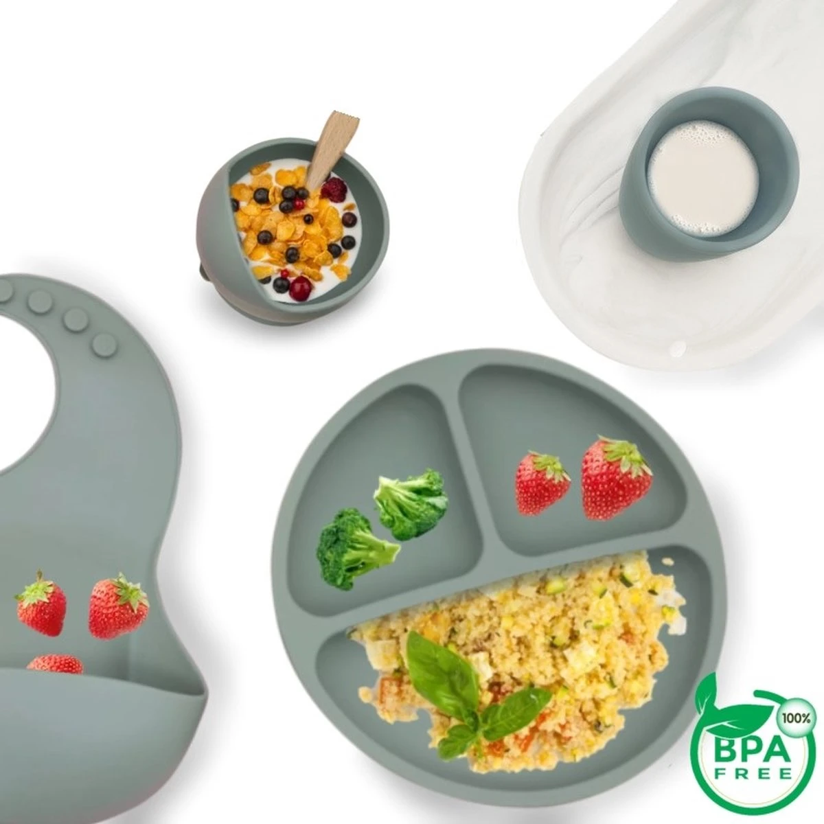 Baby-V® 4 delig Siliconen Kinderservies set met zuignap - Kinderbord met vakjes - Vaatwasserbestendig - Siliconen servies baby met Zuignap - Kinderserviesset - Groen