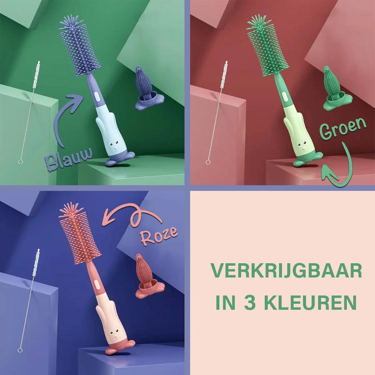 Baby Flessenborstel - Flessenreiniger - Flessenborstel Siliconen - Flesvoedingsaccessoires - BPA Vrij - Blauw - 3 in 1