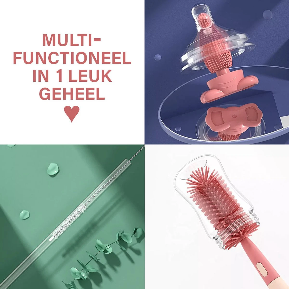 Baby Flessenborstel - Flessenreiniger - Flessenborstel Siliconen - Flesvoedingsaccessoires - BPA Vrij - Blauw - 3 in 1