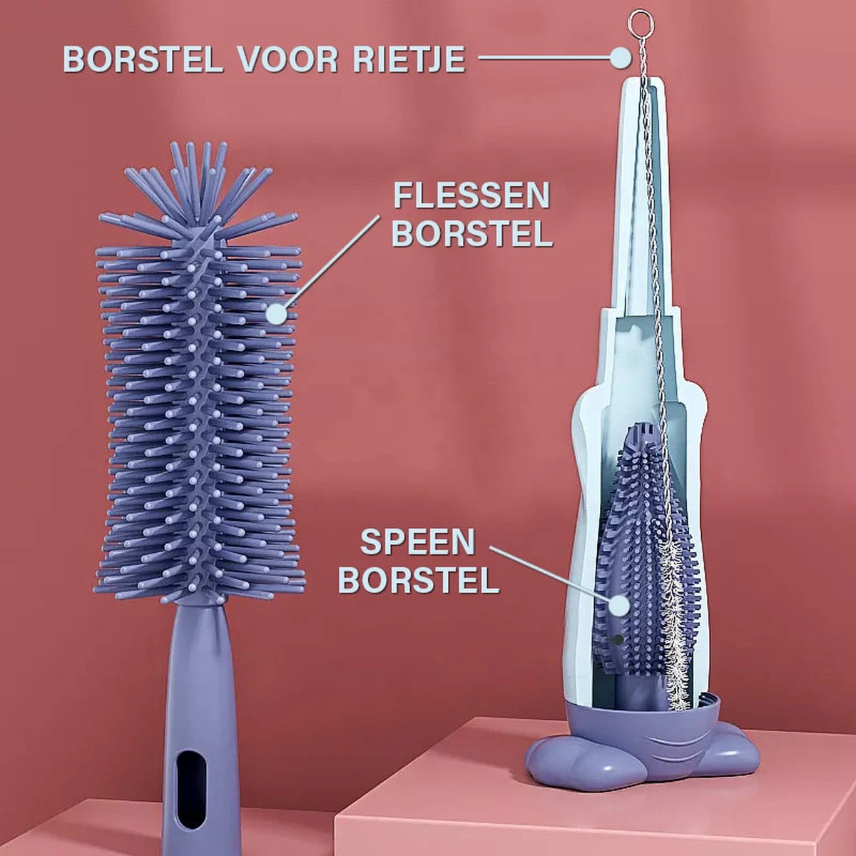 Baby Flessenborstel - Flessenreiniger - Flessenborstel Siliconen - Flesvoedingsaccessoires - BPA Vrij - Blauw - 3 in 1