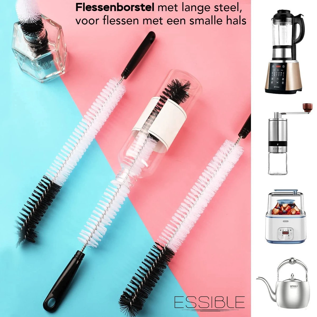 ESSIBLE Flessenborstel - Flessenrager - Schoonmaakborstel - Flessenreiniger - 5 stuks - Kras- en BPA vrij - Geschikt voor alle oppervlakken - Zwart