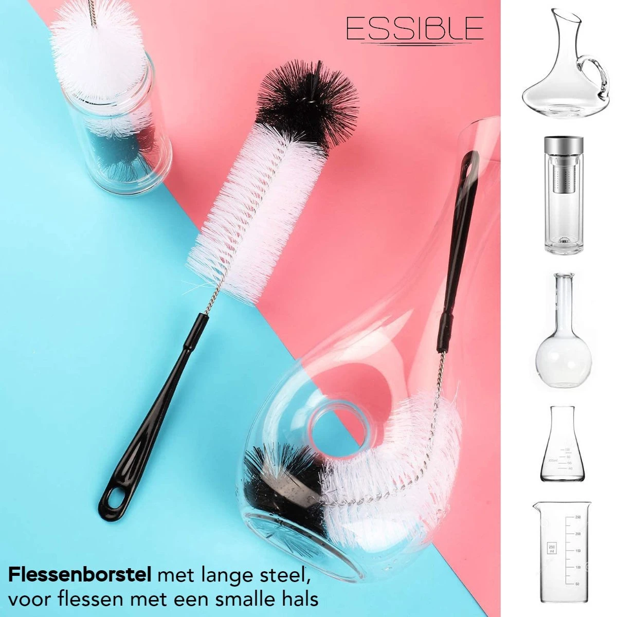 ESSIBLE Flessenborstel - Flessenrager - Schoonmaakborstel - Flessenreiniger - 5 stuks - Kras- en BPA vrij - Geschikt voor alle oppervlakken - Zwart
