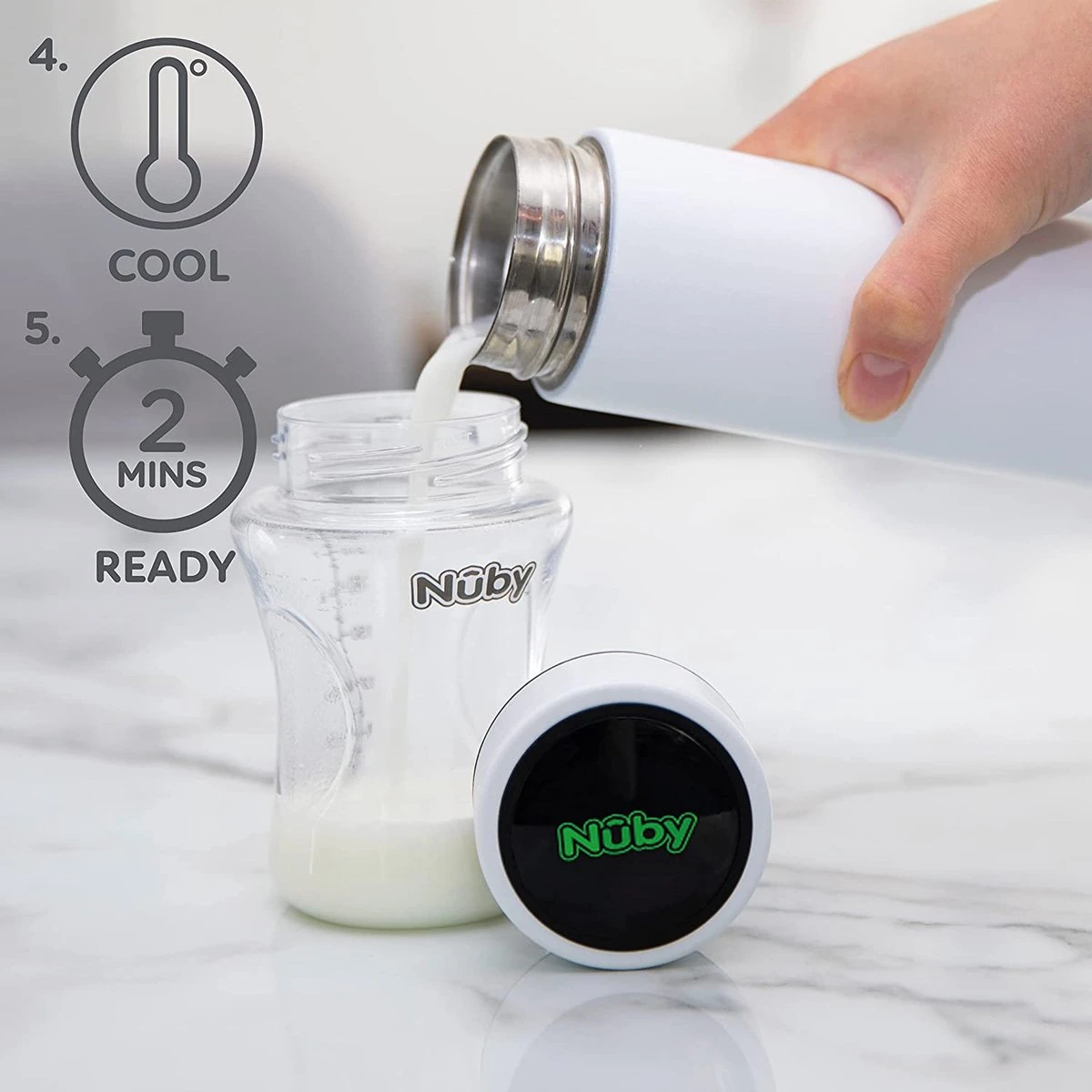 Nûby - RapidCool™ - Maak de perfecte flesvoeding voor je baby - Flessenkoeler - Inclusief melkpoederdispenser en digitaal deksel - Wit