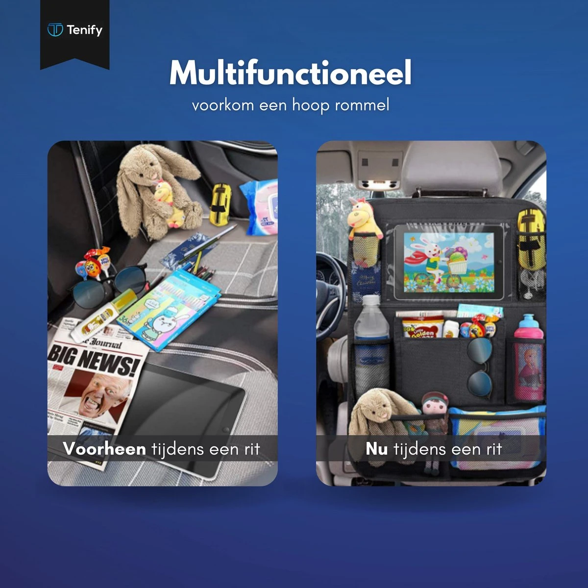 Tenify Premium Luxe & Stevige Auto Organizer met Tablet Houder - Set van 2 - Extra Opbergruimte - Beschermer - Autostoel - Accessories