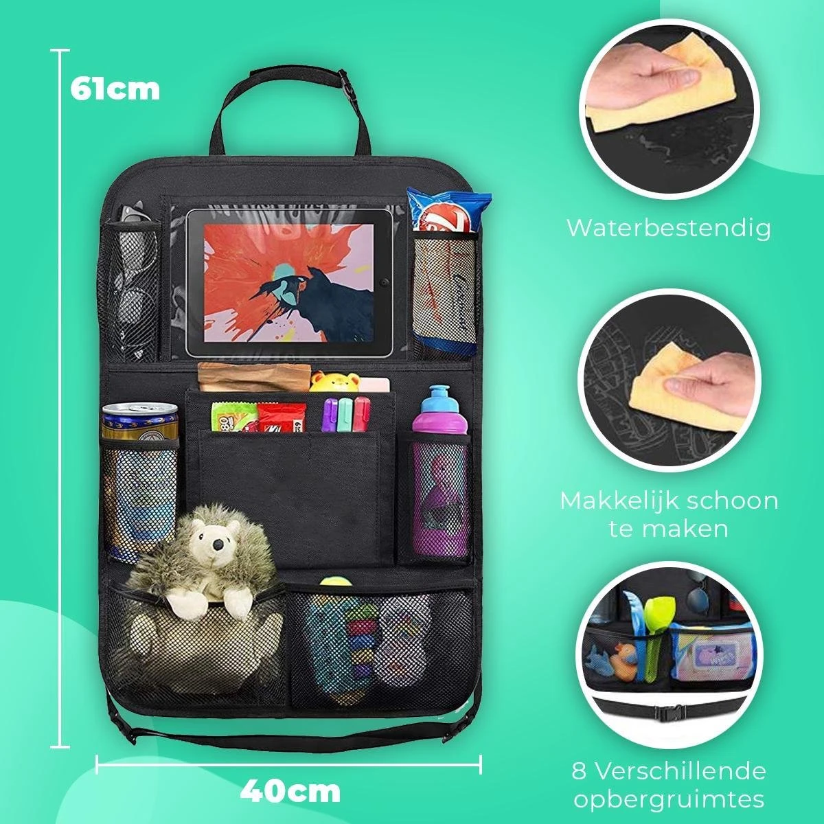 Essential Goods Autostoel Organizer - Inclusief iPadhouder - Opbergtas Auto - Multifunctioneel - Autostoelaccessoires 2 Stuks