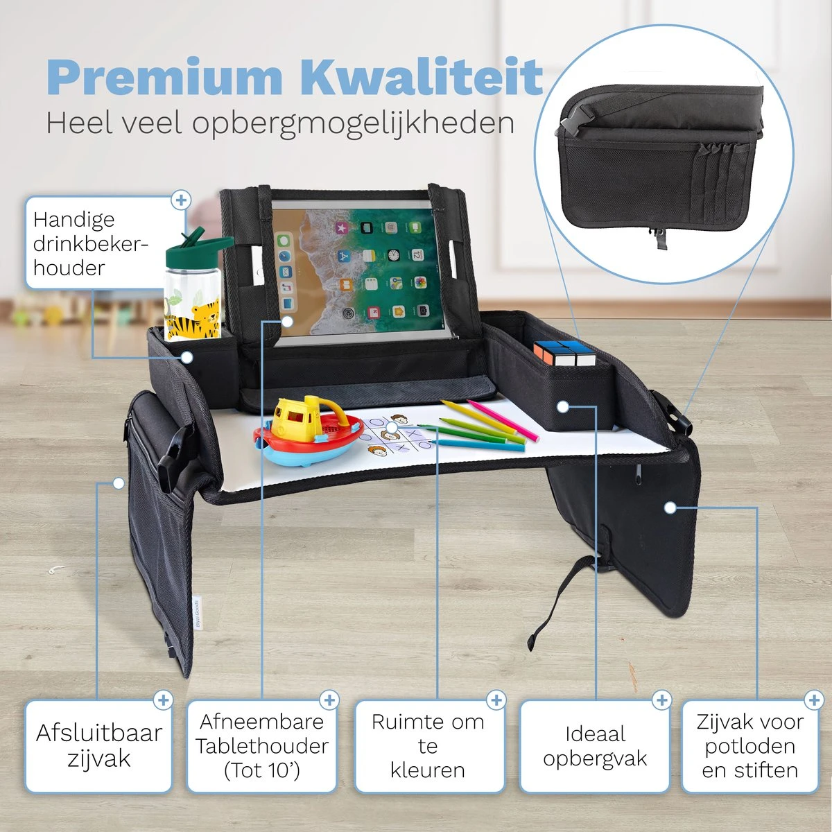 Blyzi - Reistafel auto met tablethouder – Opvouwbaar – Speeltafel voor onderweg – Auto Organizer – Tekentafel - Zwart