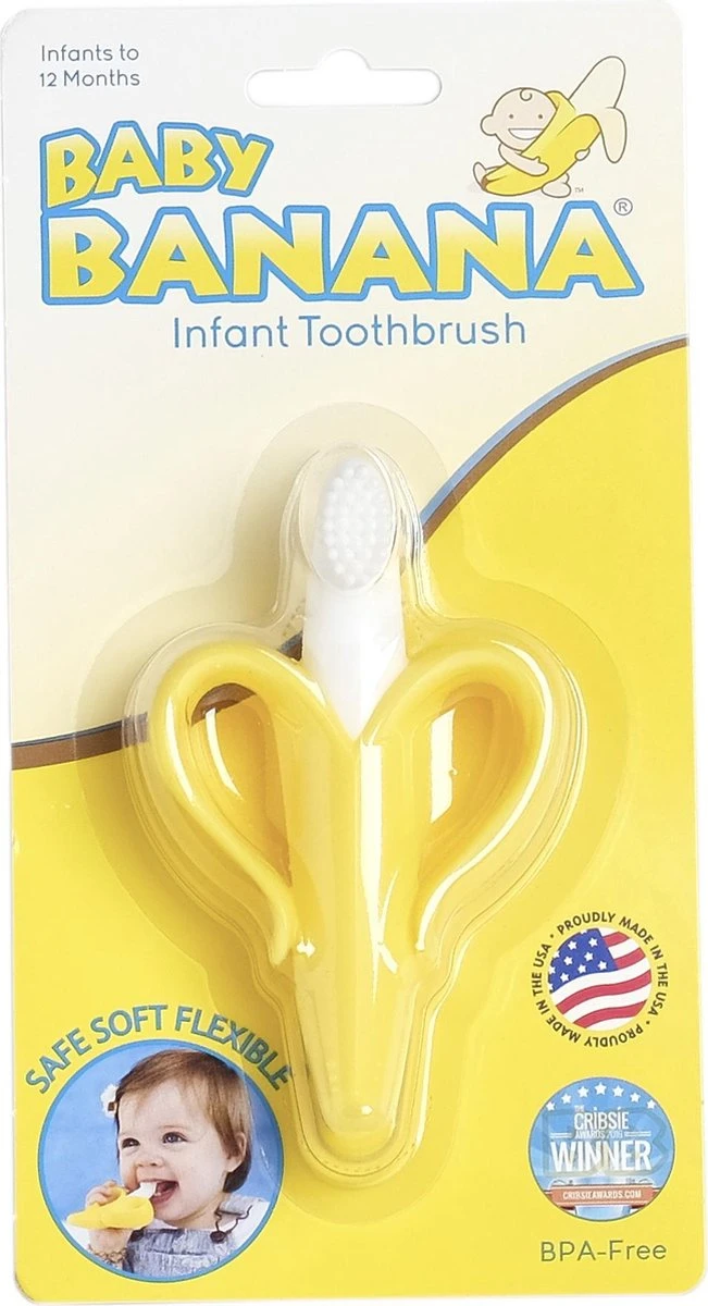 Baby banaan tandenborstel/bijtspeeltje – Geel - baby tandenborstel - bij doorkomende tandjes - tandvlees massage - babytandenborstel - peuter tandenborstel