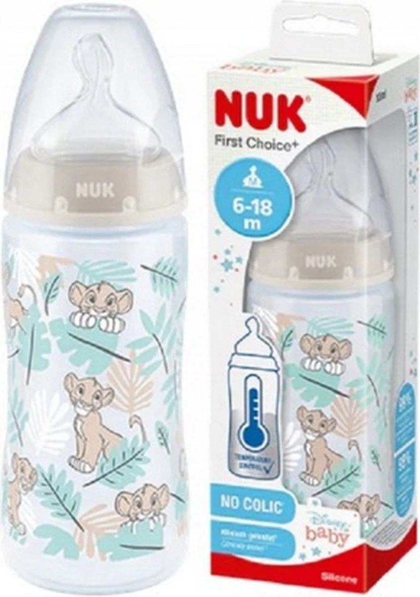 NUK | Disney | First Choice+ | Babyfles | 6-18 maanden | maat M | temperatuurcontrole | anti-kolische ventilatie | 300 ml | BPA-vrij | siliconen teat | leeuw King 6-18 maanden