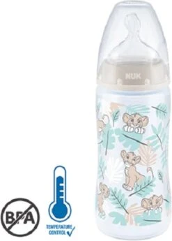 NUK | Disney | First Choice+ | Babyfles | 6-18 Maanden | Maat M | Temperatuurcontrole | Anti-kolische Ventilatie | 300 Ml | BPA-vrij | Siliconen Teat | Leeuw King 6-18 Maanden