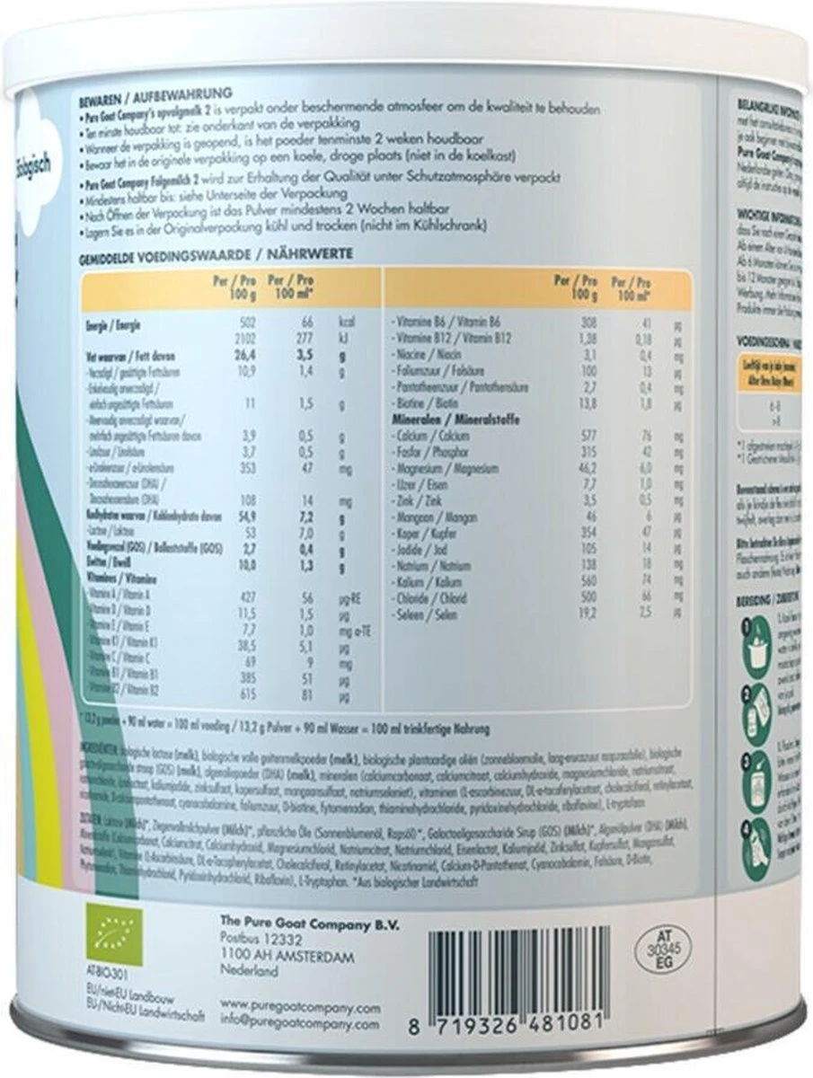 Pure Goat Company - Opvolgmelk 2 - Biologische flesvoeding op basis van volle geitenmelk - 800 gram