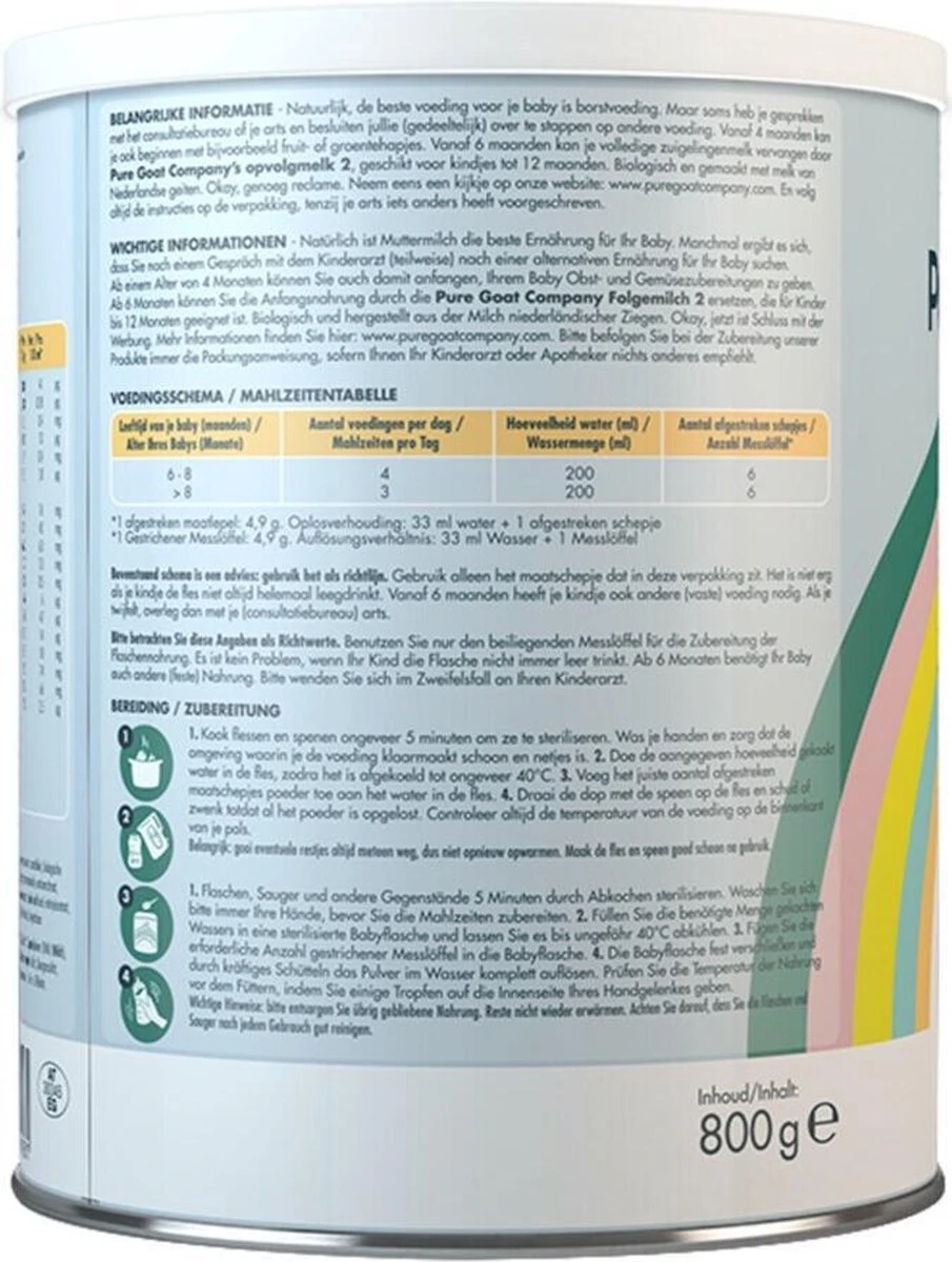 Pure Goat Company - Opvolgmelk 2 - Biologische flesvoeding op basis van volle geitenmelk - 800 gram