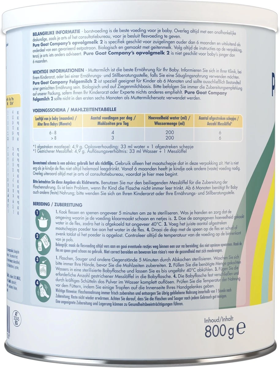 Pure Goat Company - Opvolgmelk 2 - Biologische flesvoeding op basis van volle geitenmelk - 800 gram