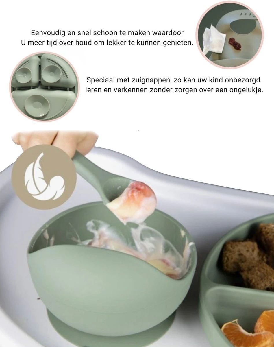 Baby-V® 4 delig Siliconen Kinderservies set met zuignap - Kinderbord met vakjes - Vaatwasserbestendig - Siliconen servies baby met Zuignap - Kinderserviesset - Groen