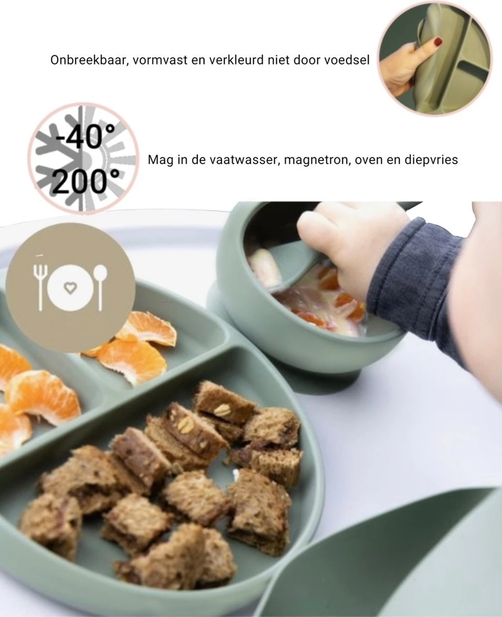 Baby-V® 4 delig Siliconen Kinderservies set met zuignap - Kinderbord met vakjes - Vaatwasserbestendig - Siliconen servies baby met Zuignap - Kinderserviesset - Groen