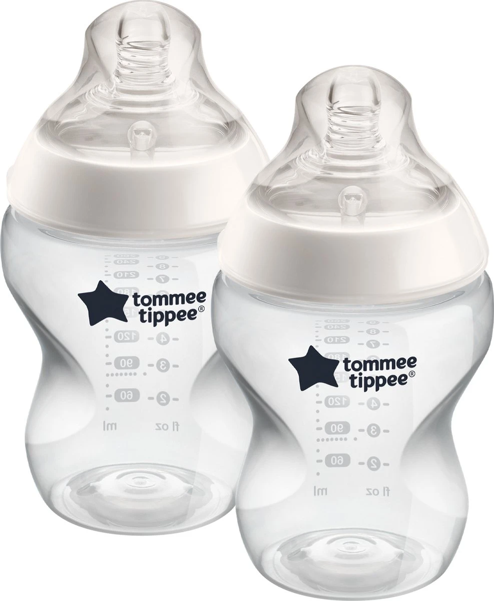Tommee Tippee Closer To Nature - Zuigflessen - Langzame Uitstroomsnelheid - Anti-colic Ventiel - 260 Ml - Verpakking Van 2 Stuks - Doorzichtig